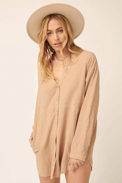 Sunday Vibes Crinkle Cotton Mini Shirt Dress