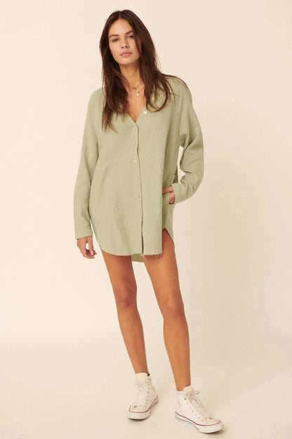 Sunday Vibes Crinkle Cotton Mini Shirt Dress
