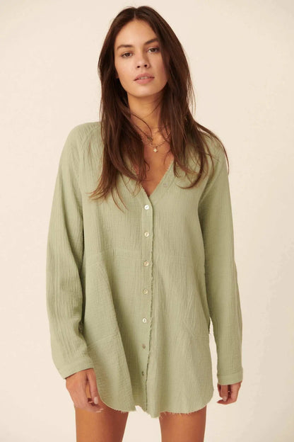 Sunday Vibes Crinkle Cotton Mini Shirt Dress