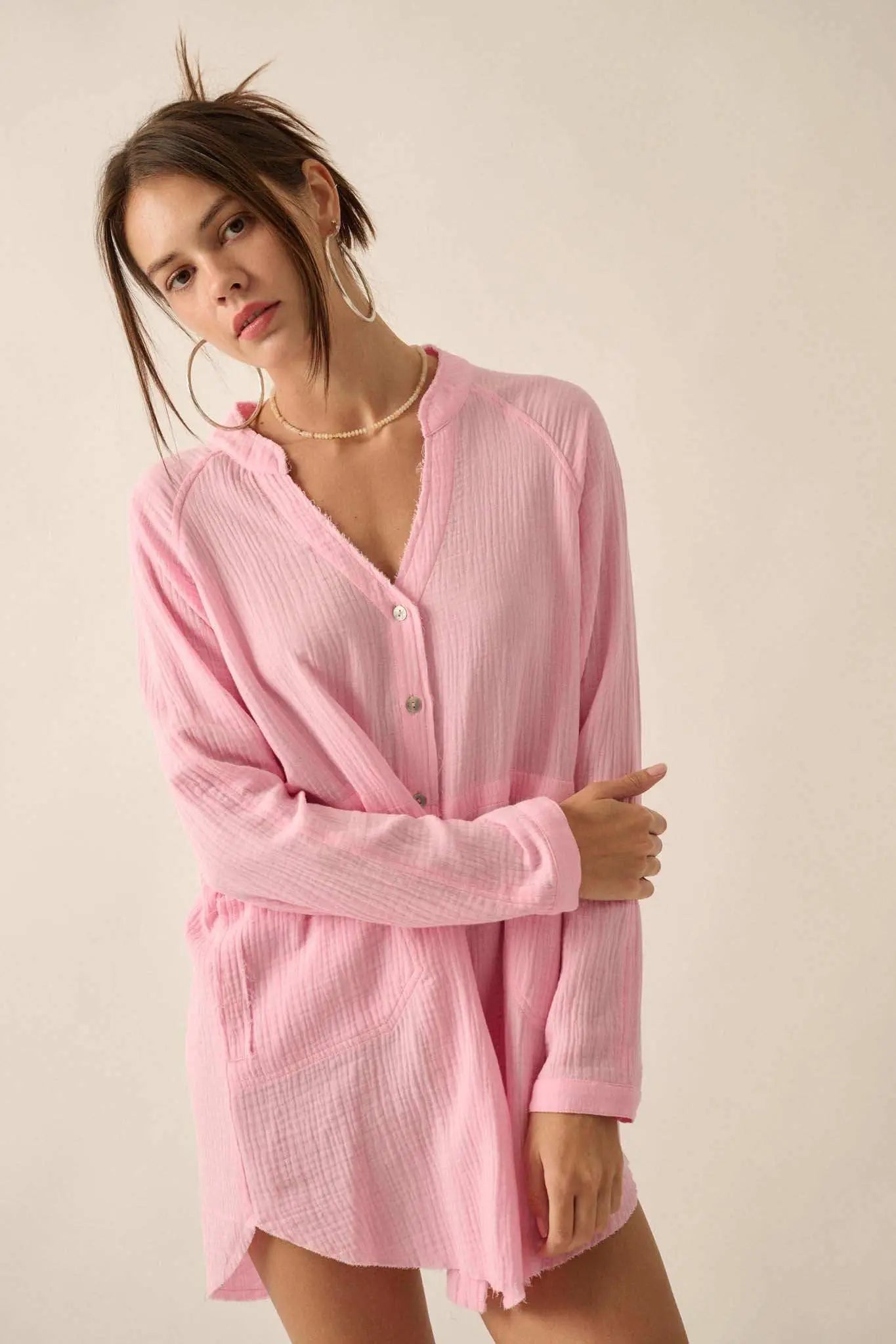 Sunday Vibes Crinkle Cotton Mini Shirt Dress