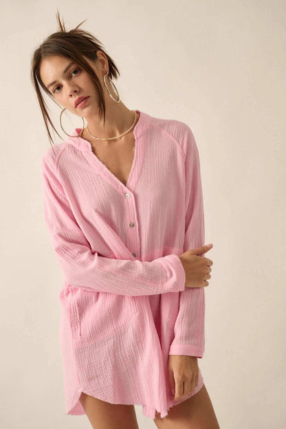 Sunday Vibes Crinkle Cotton Mini Shirt Dress