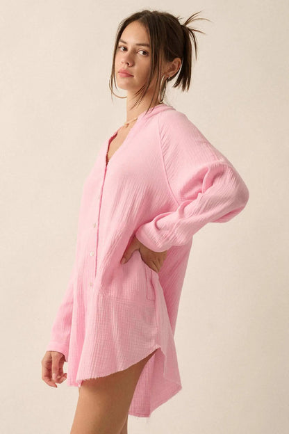 Sunday Vibes Crinkle Cotton Mini Shirt Dress