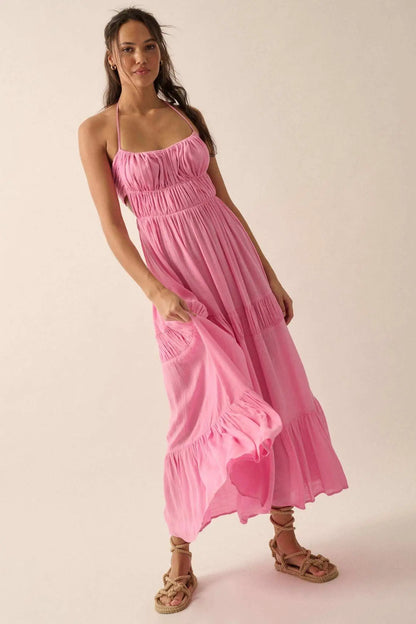Tier to Stay Tiered Tie-Back Halter Maxi Dress