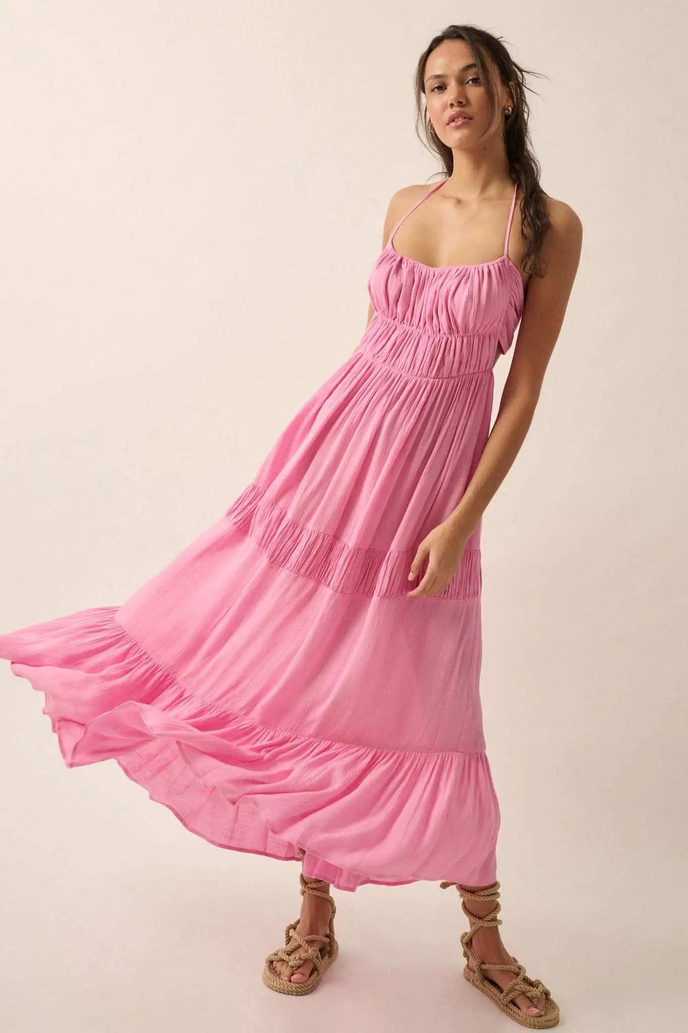 Tier to Stay Tiered Tie-Back Halter Maxi Dress
