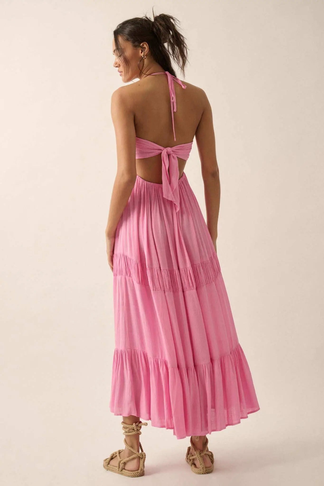 Tier to Stay Tiered Tie-Back Halter Maxi Dress