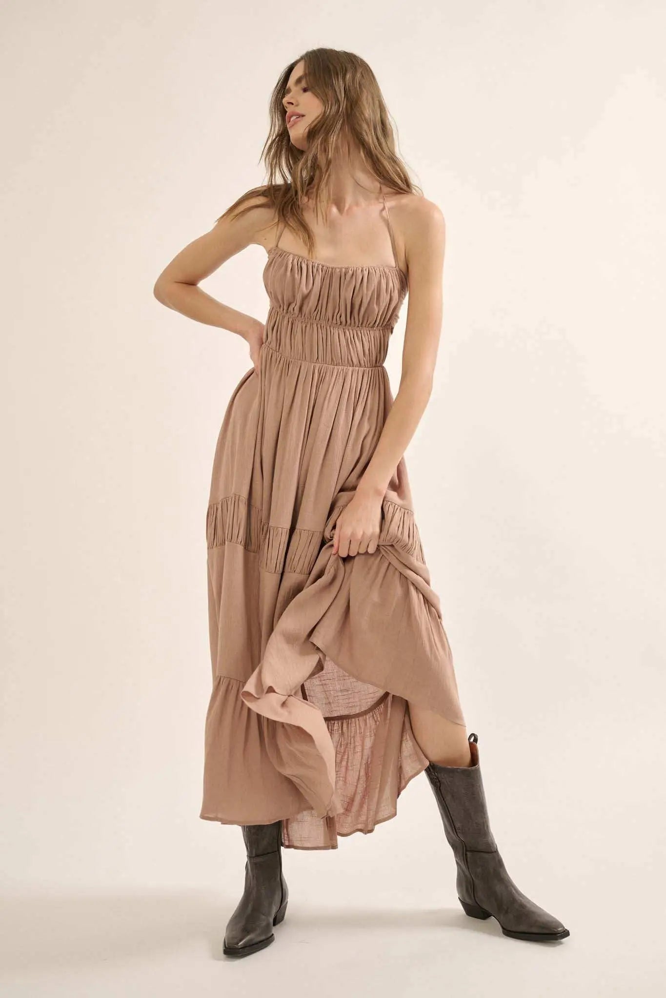 Tier to Stay Tiered Tie-Back Halter Maxi Dress
