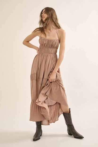 Tier to Stay Tiered Tie-Back Halter Maxi Dress