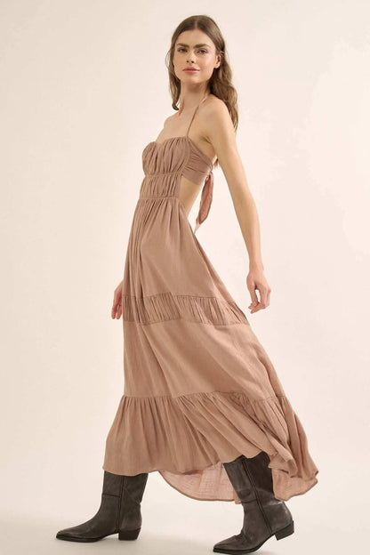 Tier to Stay Tiered Tie-Back Halter Maxi Dress
