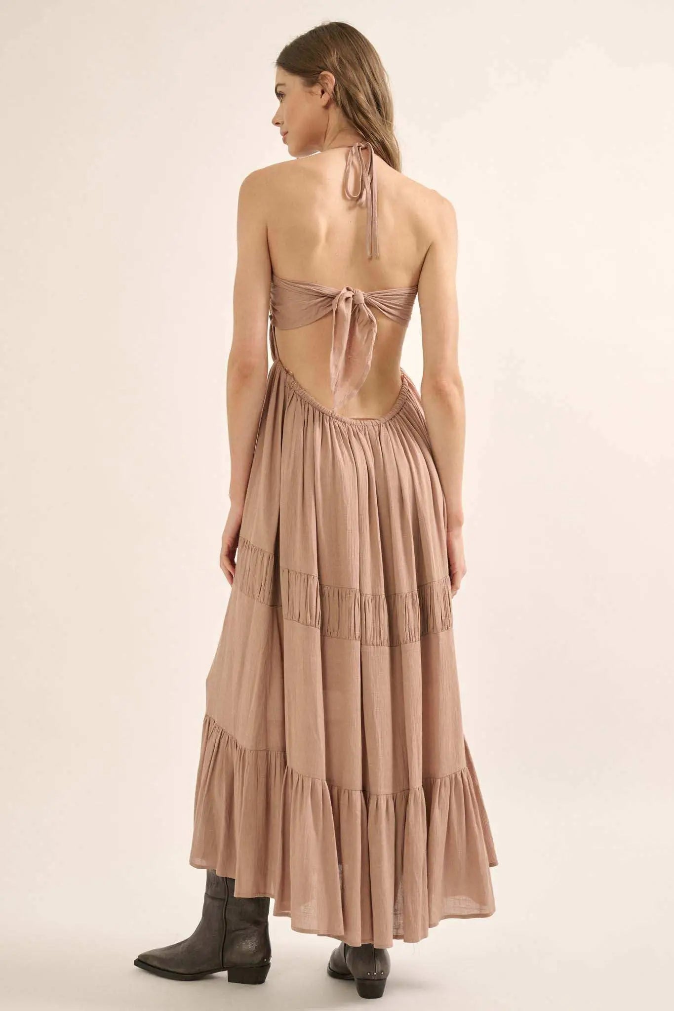 Tier to Stay Tiered Tie-Back Halter Maxi Dress