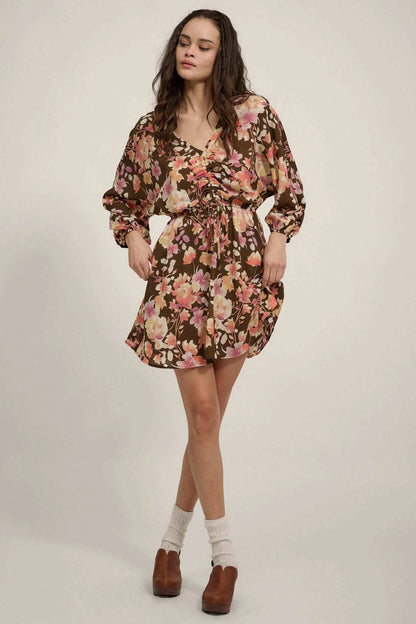 Sunset Garden Floral Ruched Drawstring Mini Dress