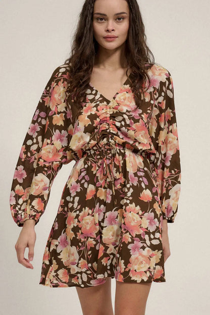 Sunset Garden Floral Ruched Drawstring Mini Dress