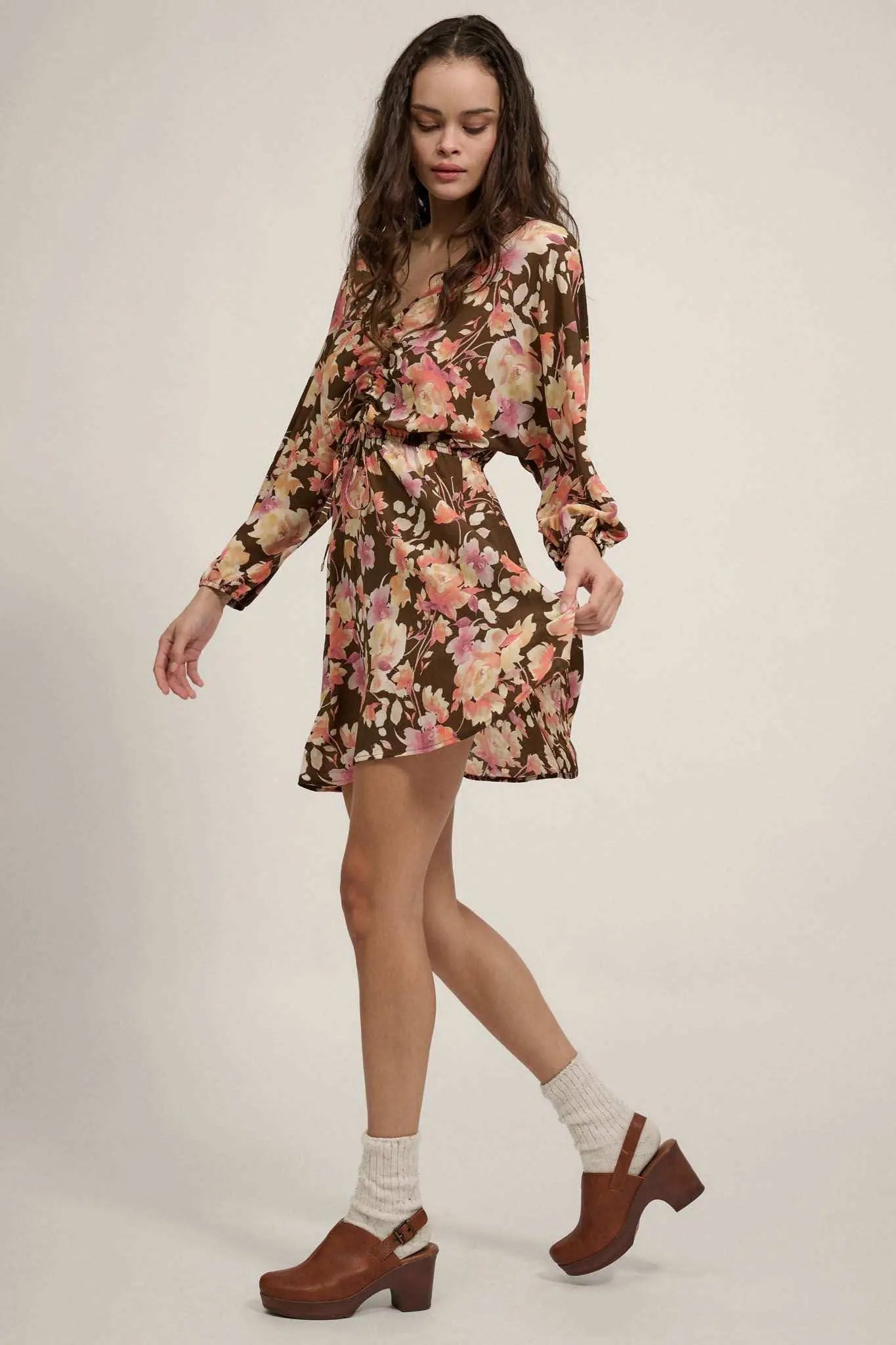 Sunset Garden Floral Ruched Drawstring Mini Dress