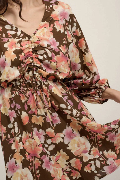 Sunset Garden Floral Ruched Drawstring Mini Dress