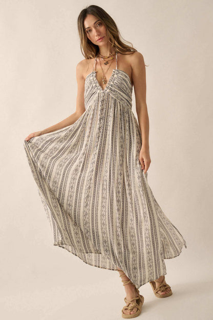 Well Traveled Geo-Print Striped Halter Maxi Dress
