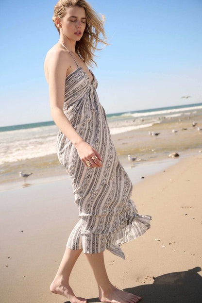 Well Traveled Geo-Print Striped Halter Maxi Dress