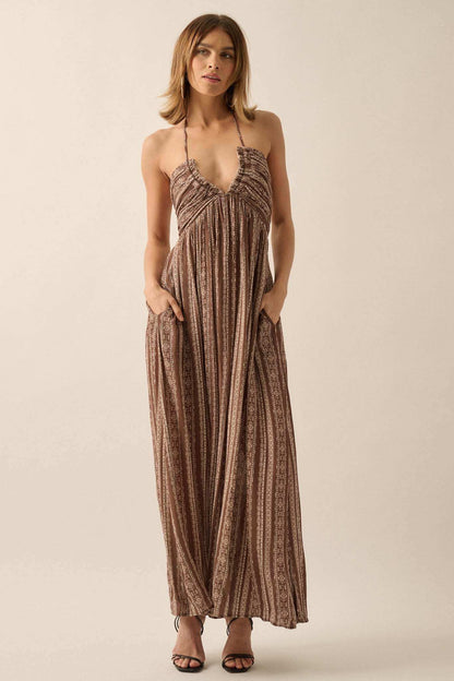 Well Traveled Geo-Print Striped Halter Maxi Dress