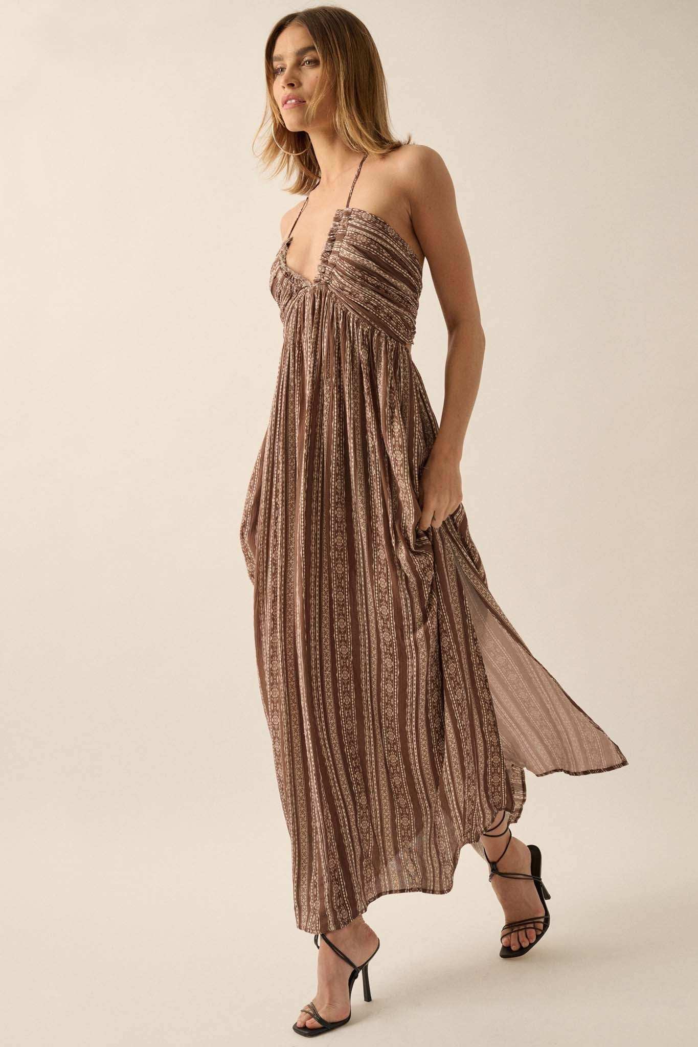 Well Traveled Geo-Print Striped Halter Maxi Dress