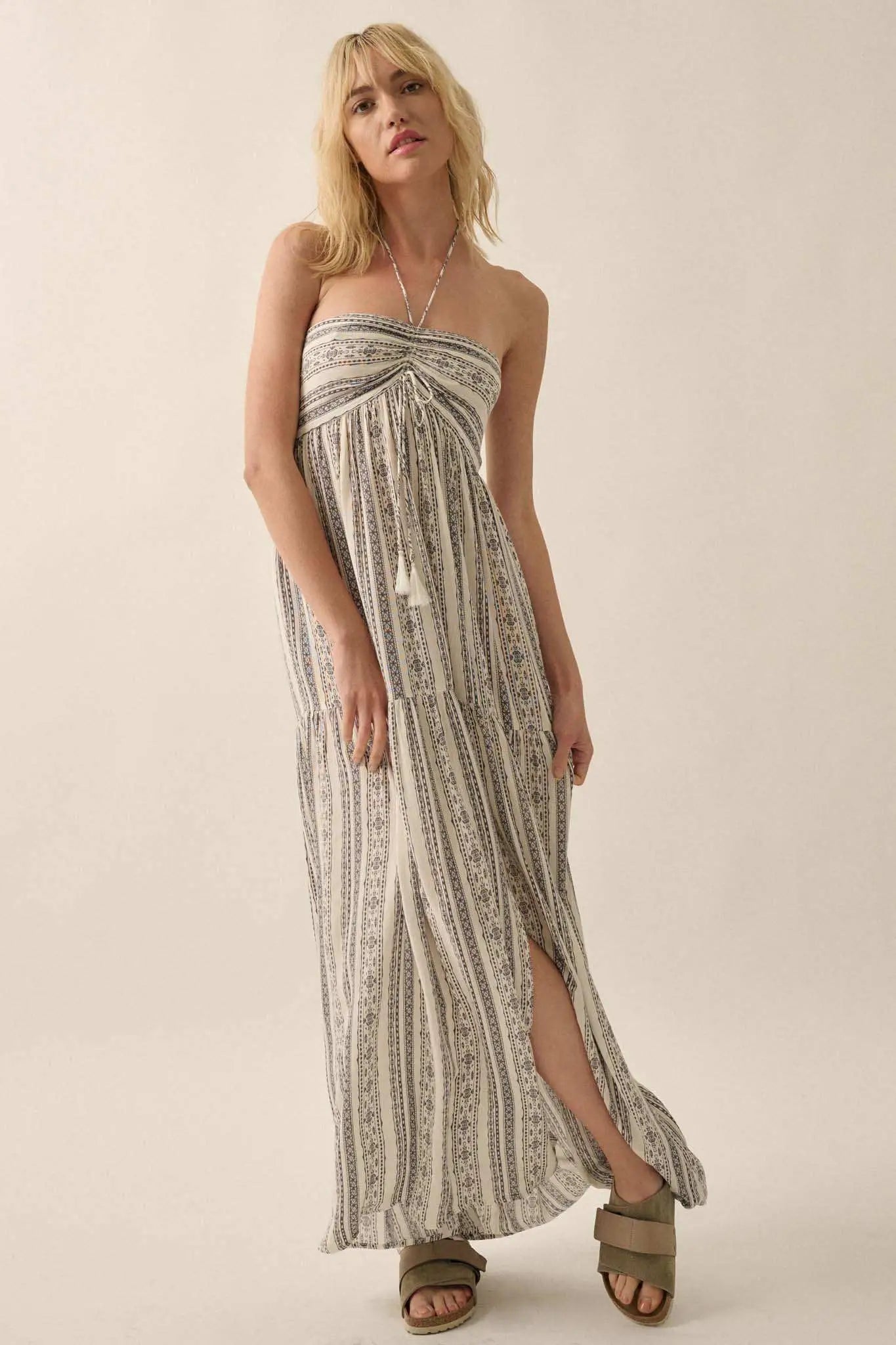 Traveling Soul Geo-Print Striped Halter Maxi Dress