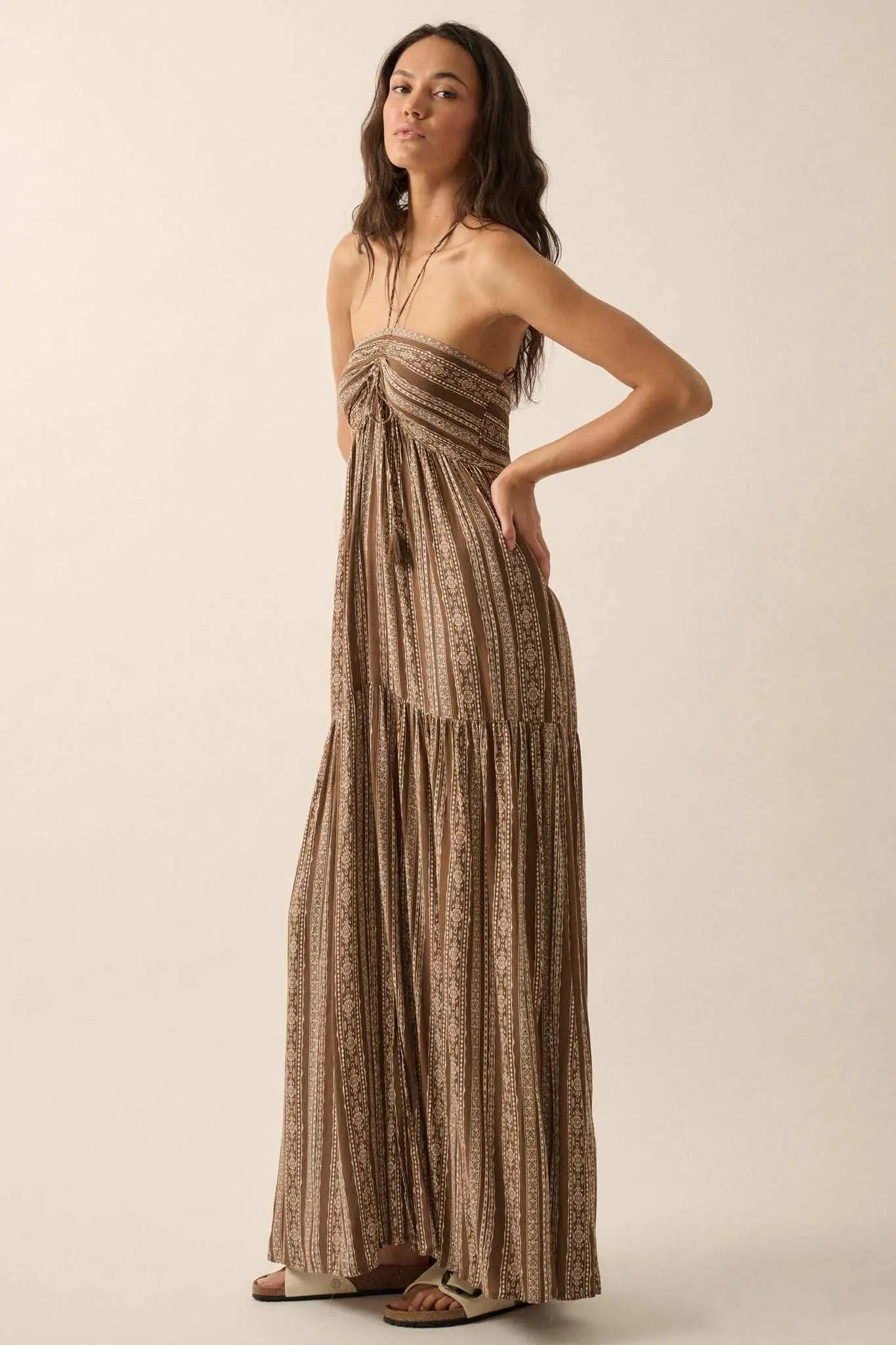 Traveling Soul Geo-Print Striped Halter Maxi Dress