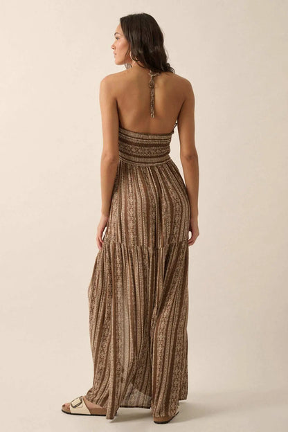 Traveling Soul Geo-Print Striped Halter Maxi Dress