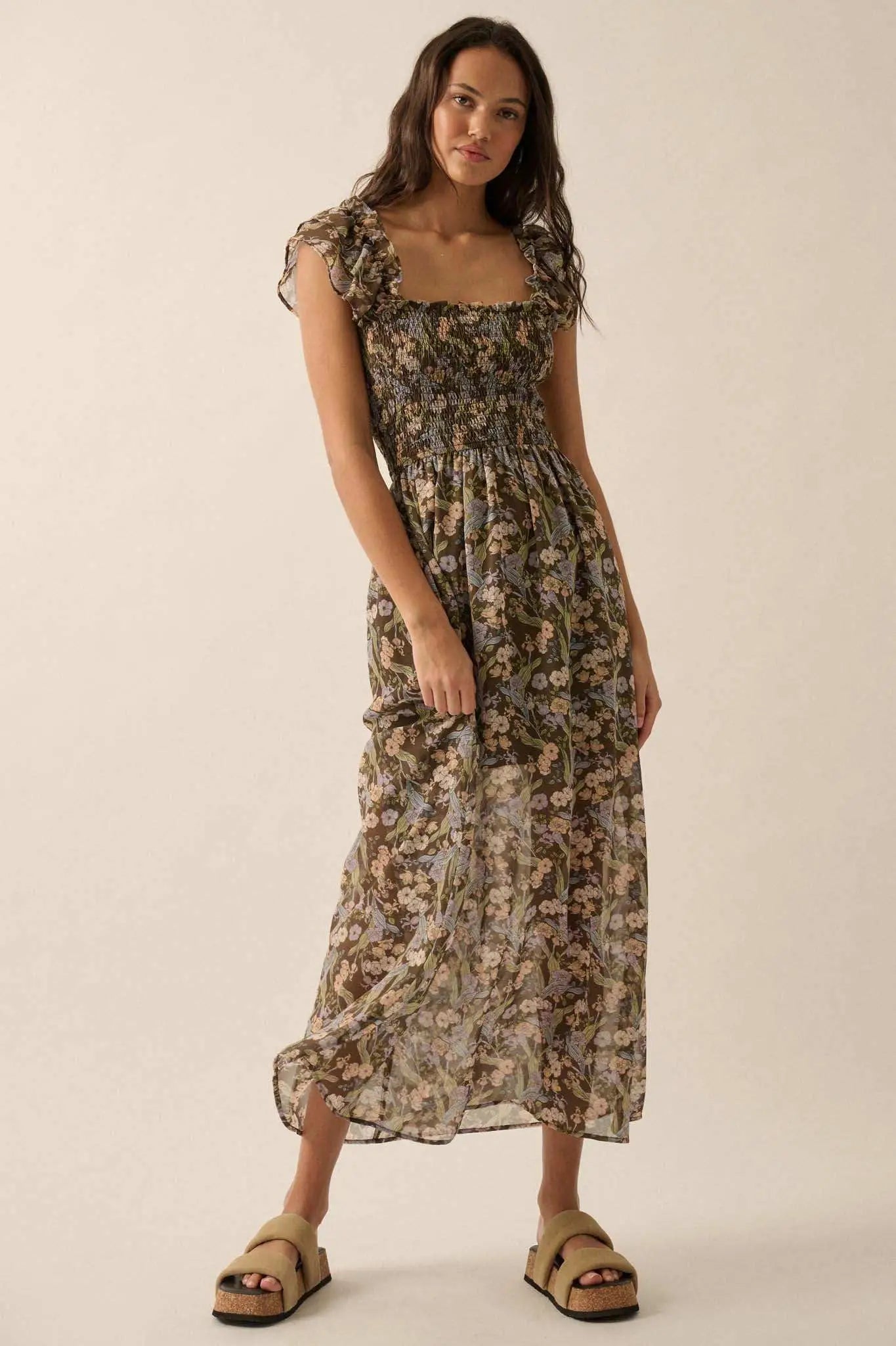 Timeless Grace Smocked Floral Chiffon Maxi Dress