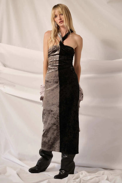 Two Timer Colorblock Velvet Halter Maxi Dress