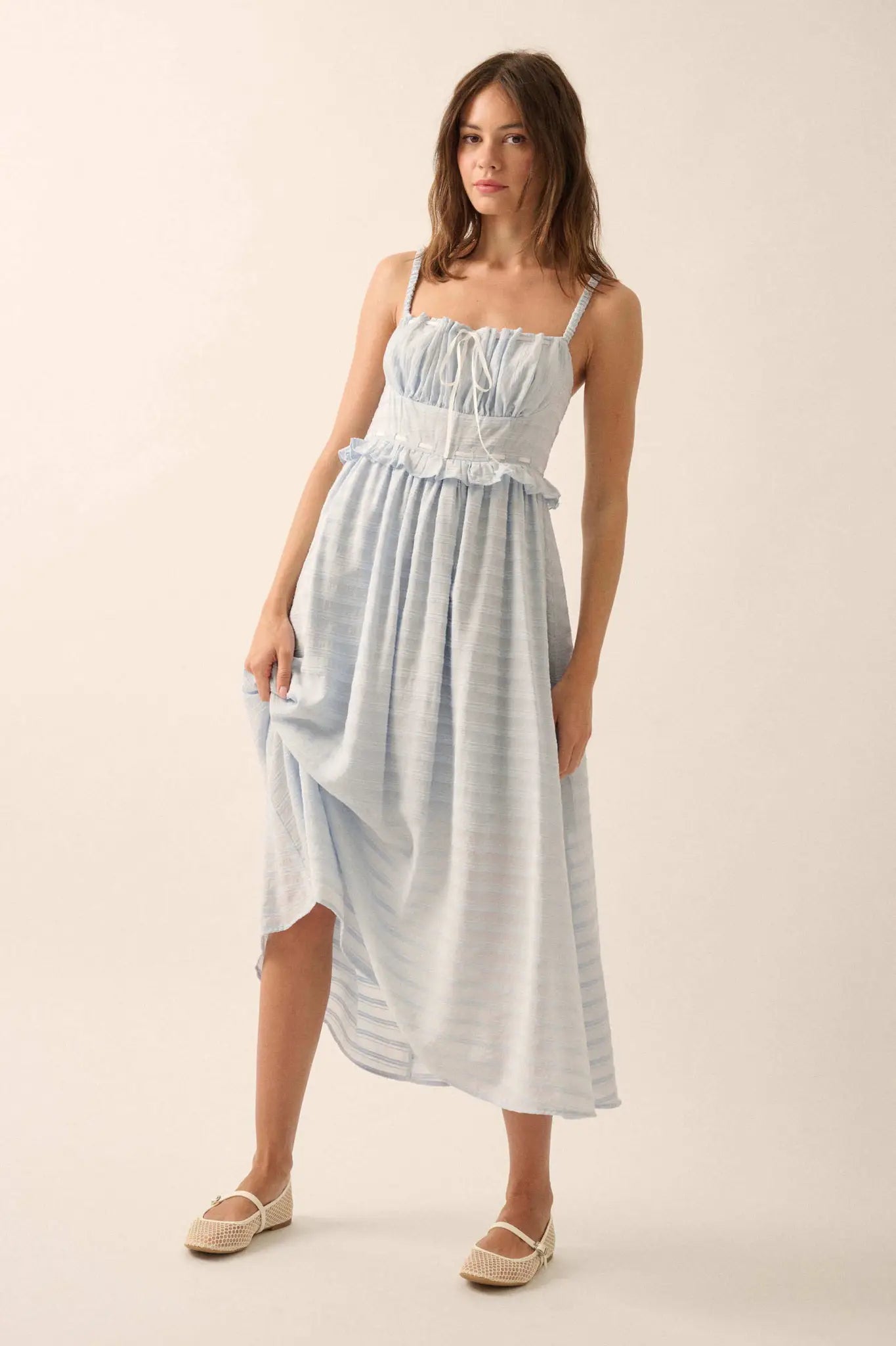 Sweet Prelude Striped Ribbon-Trim Midi Dress