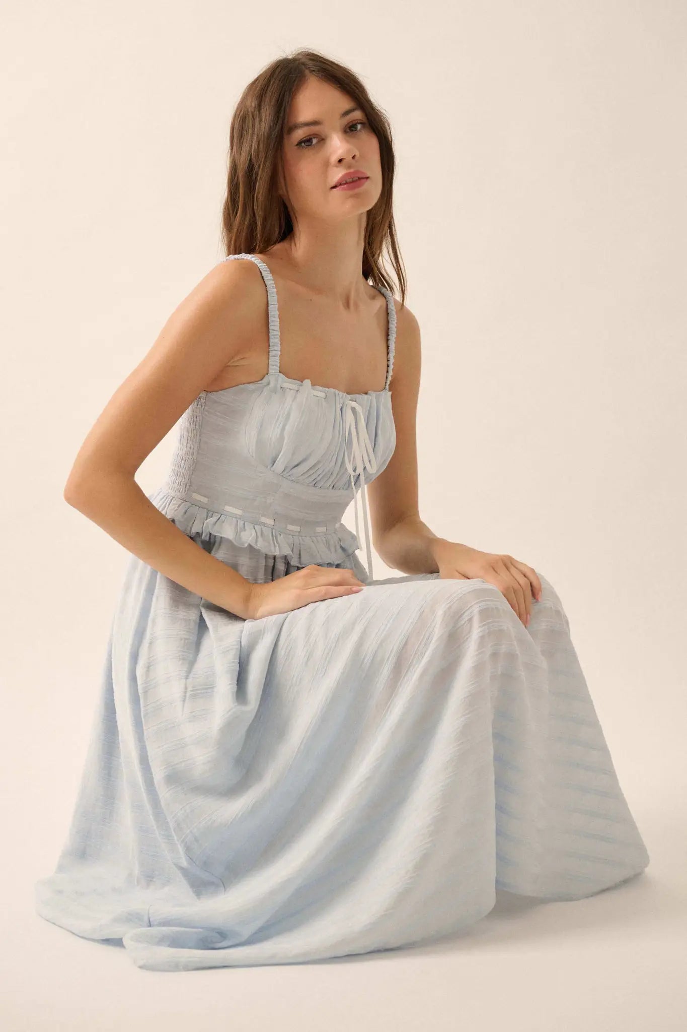 Sweet Prelude Striped Ribbon-Trim Midi Dress