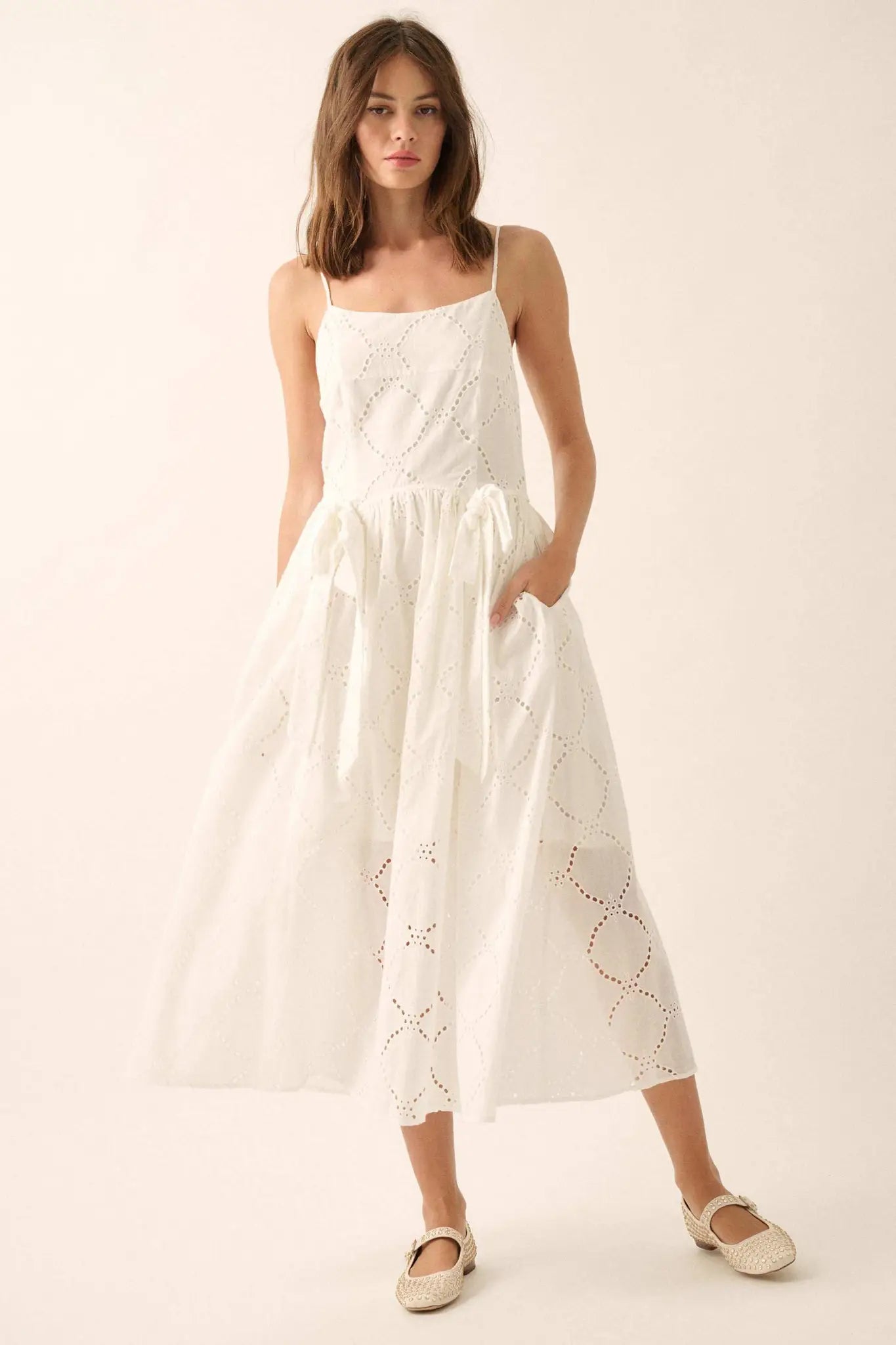 Sunday Girl Eyelet Lace Bow-Detail Midi Dress