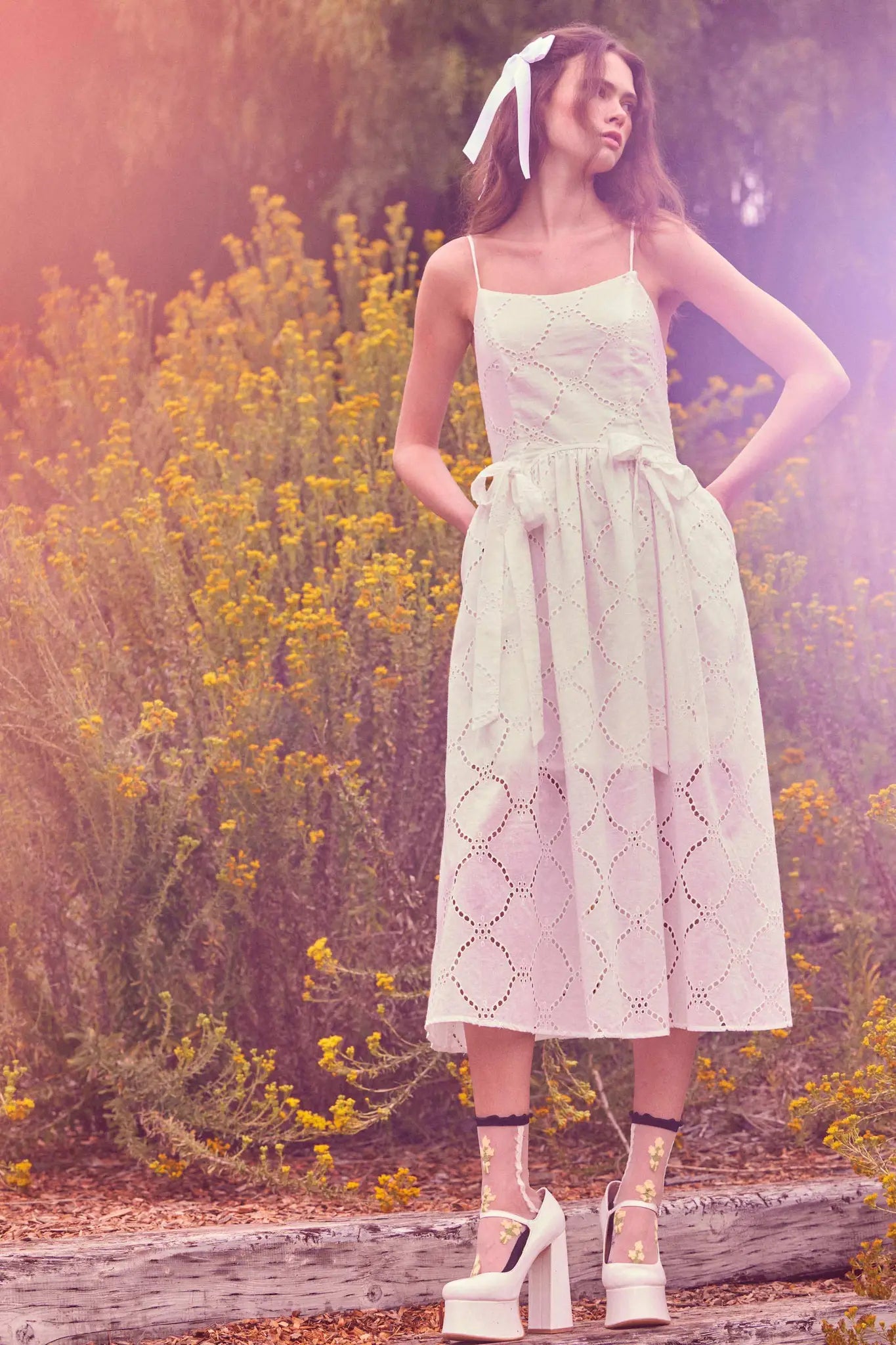 Sunday Girl Eyelet Lace Bow-Detail Midi Dress