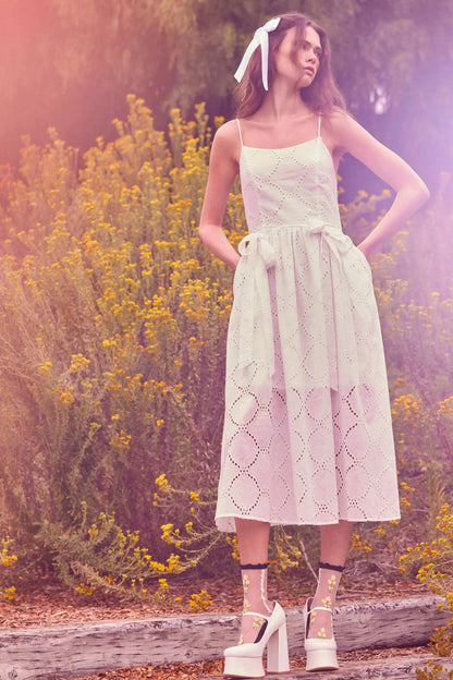 Sunday Girl Eyelet Lace Bow-Detail Midi Dress