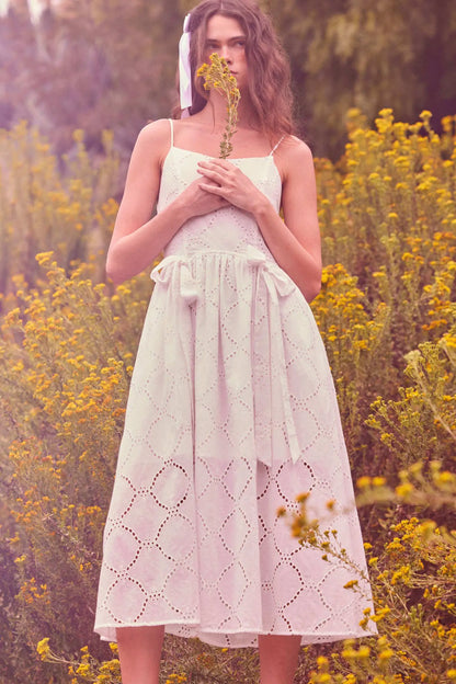 Sunday Girl Eyelet Lace Bow-Detail Midi Dress