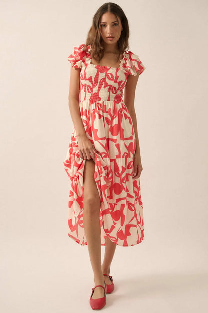 Striking Stems Abstract Floral Ruffle Midi Dress
