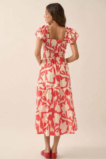Striking Stems Abstract Floral Ruffle Midi Dress