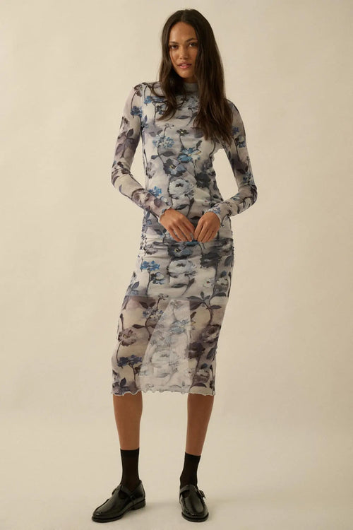 Watercolor Garden Floral Mesh Mock-Neck Midi Dress