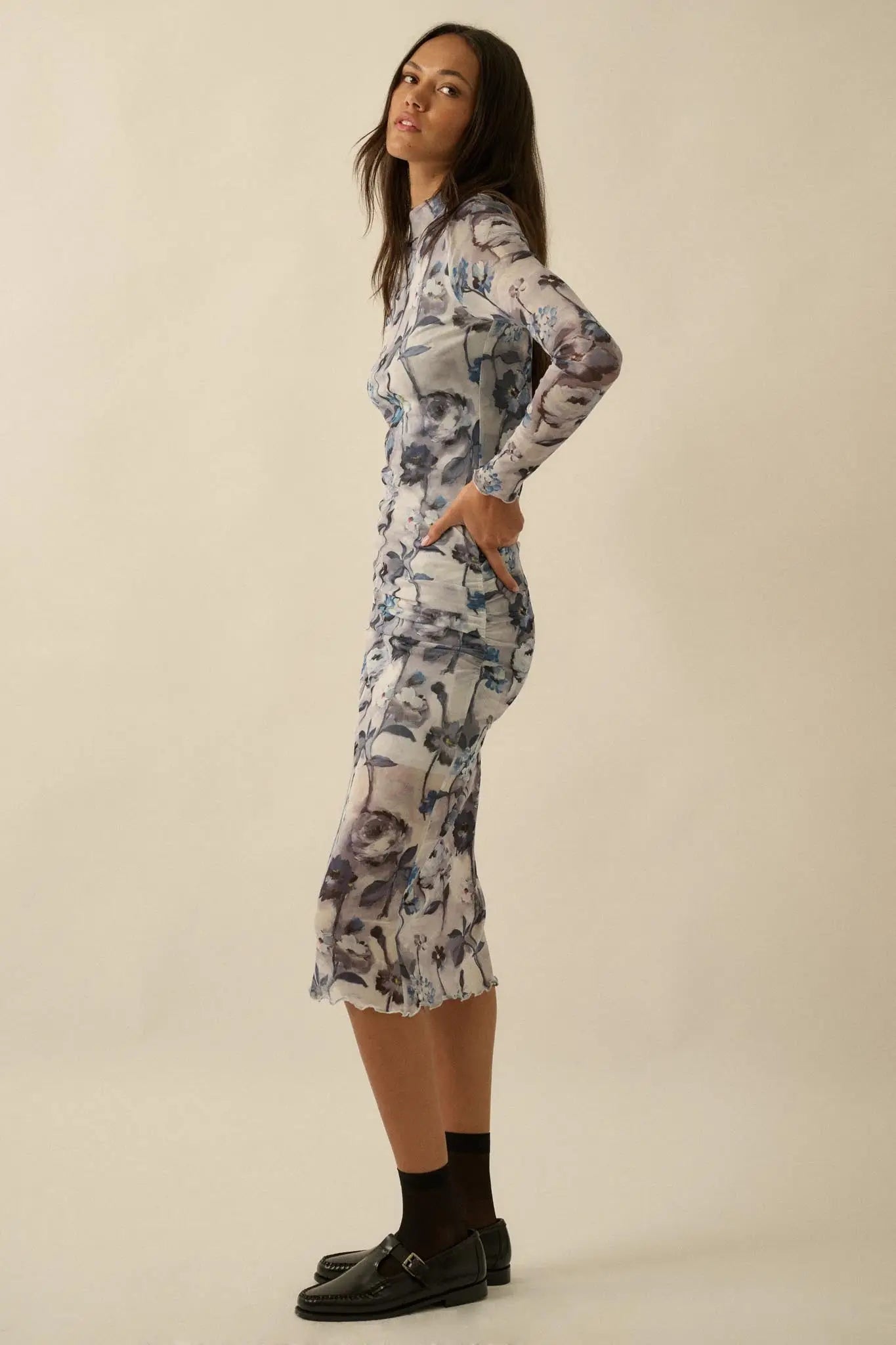 Watercolor Garden Floral Mesh Mock-Neck Midi Dress