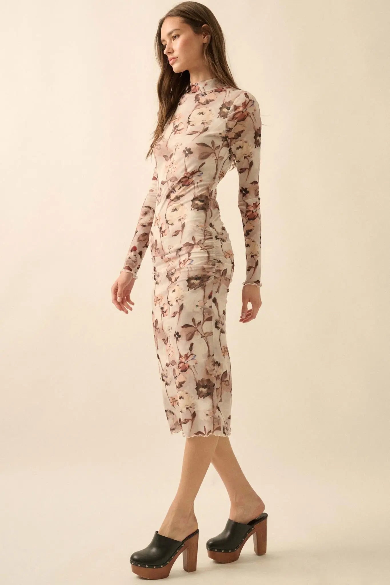 Watercolor Garden Floral Mesh Mock-Neck Midi Dress