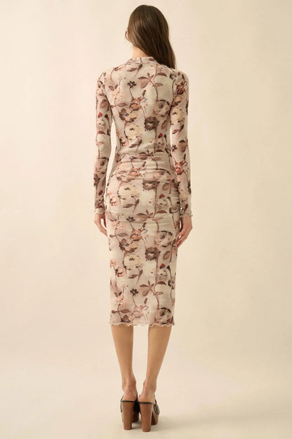Watercolor Garden Floral Mesh Mock-Neck Midi Dress