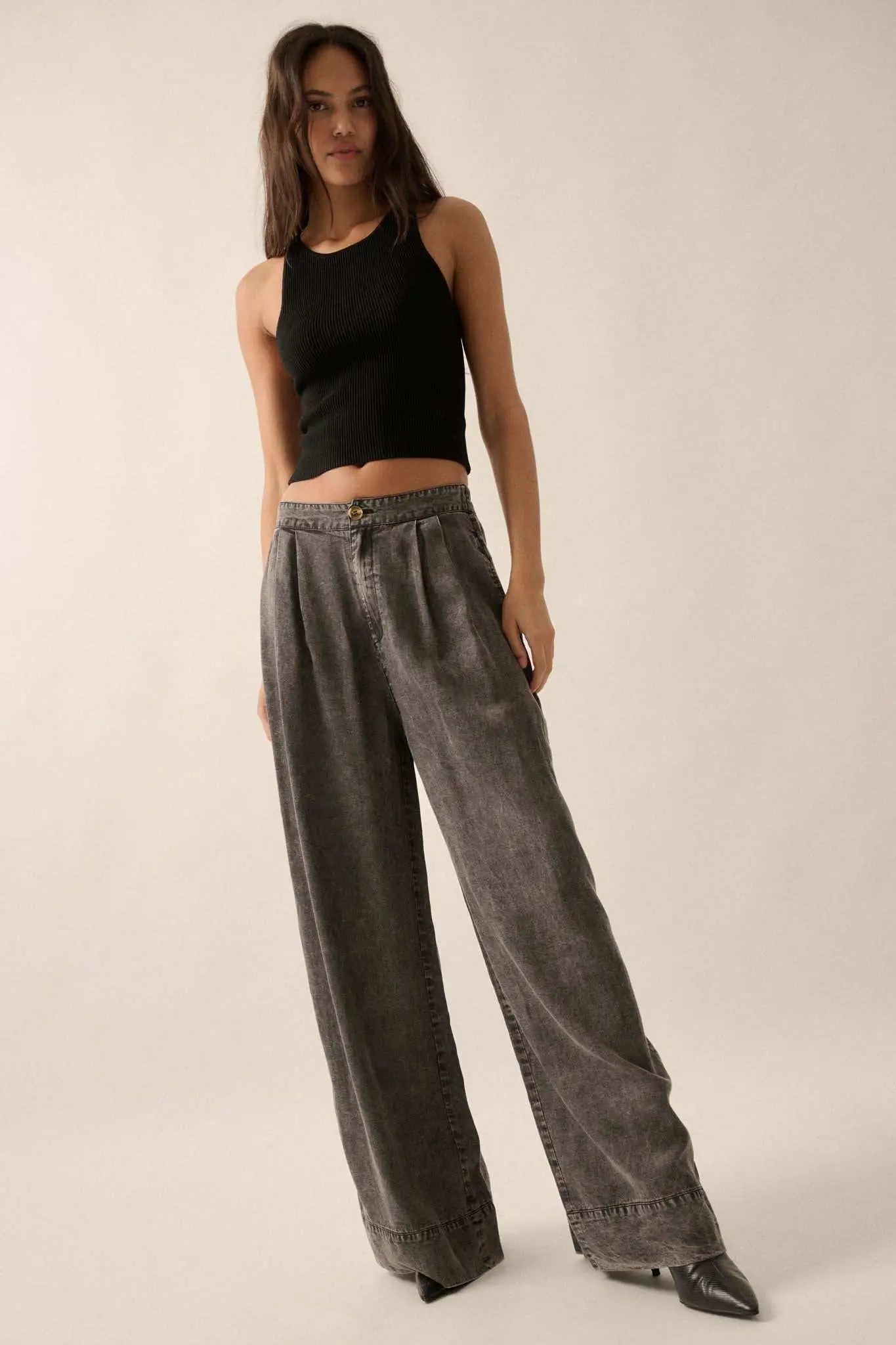 Walk It Off Acid-Wash Denim Pleated Wide-Leg Pants