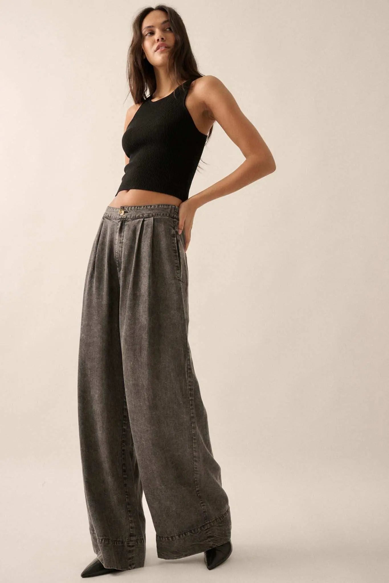 Walk It Off Acid-Wash Denim Pleated Wide-Leg Pants
