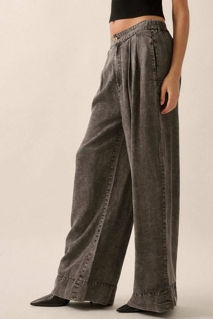 Walk It Off Acid-Wash Denim Pleated Wide-Leg Pants