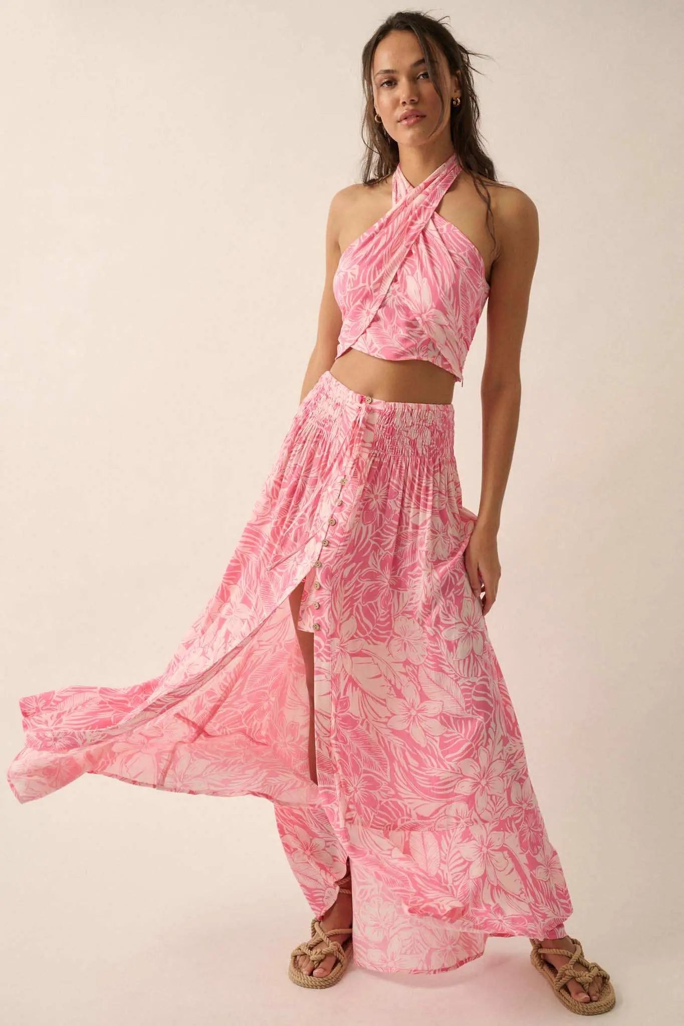 Tropical Treasure Floral Button-Front Maxi Skirt