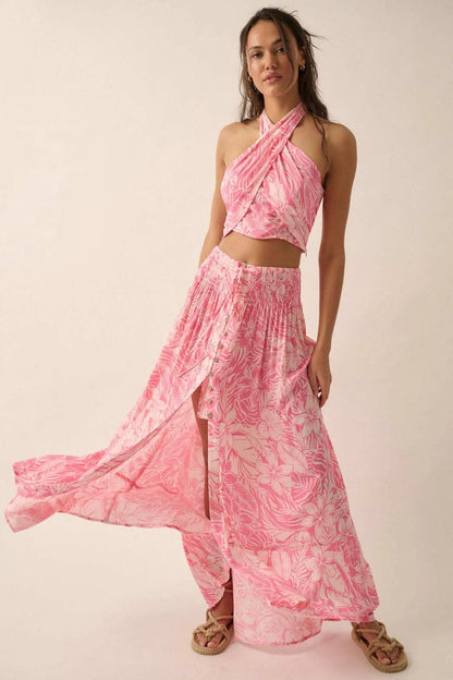 Tropical Treasure Floral Button-Front Maxi Skirt
