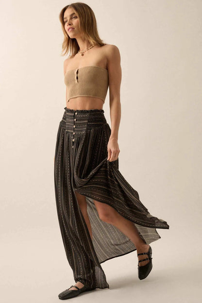 Vacation Voyage Geo-Print Button-Front Maxi Skirt