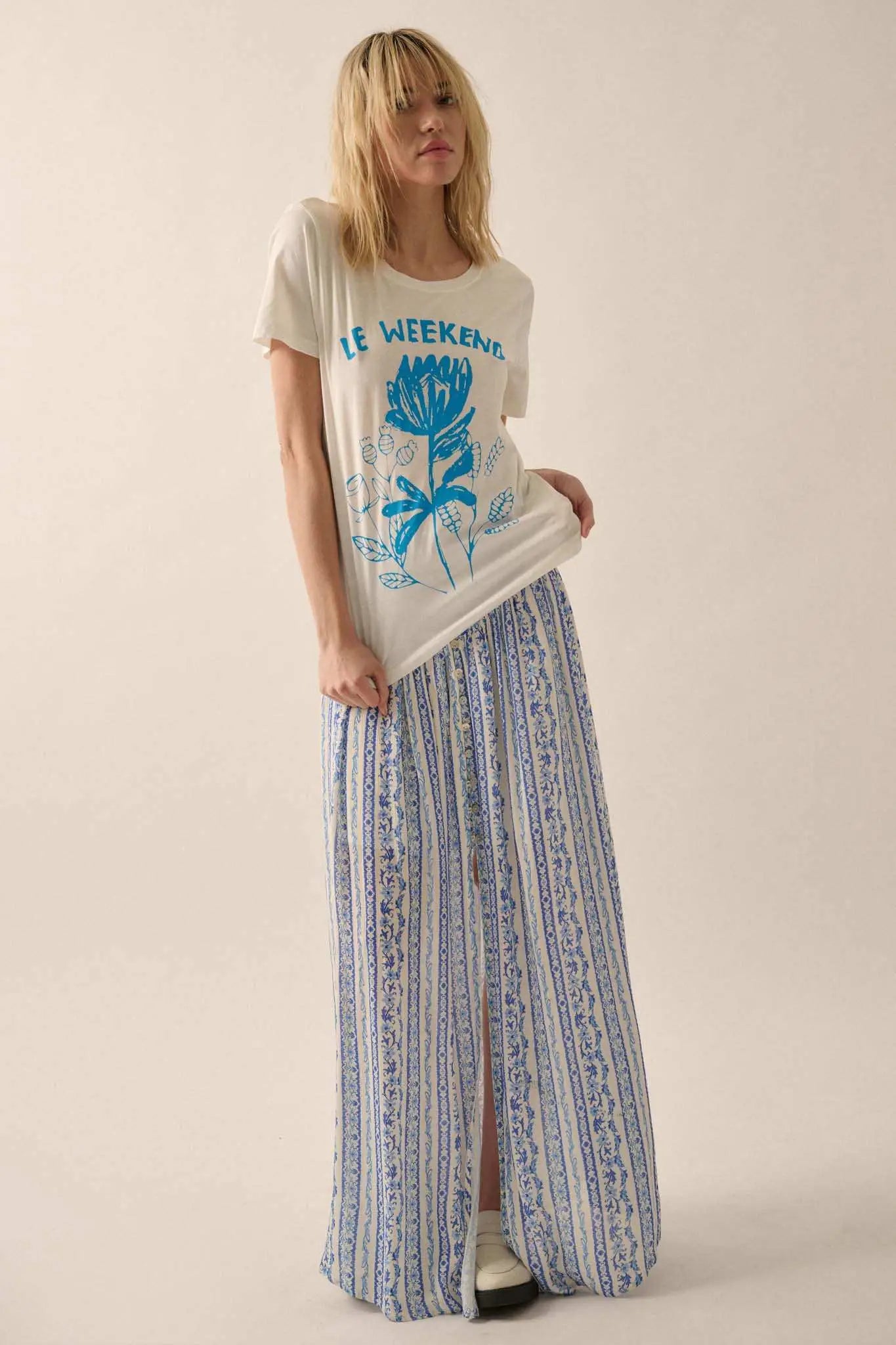 Wildflower Field Floral-Stripe Buttoned Maxi Skirt