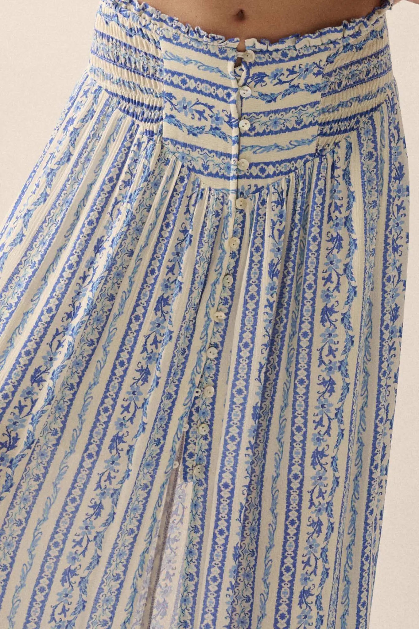 Wildflower Field Floral-Stripe Buttoned Maxi Skirt
