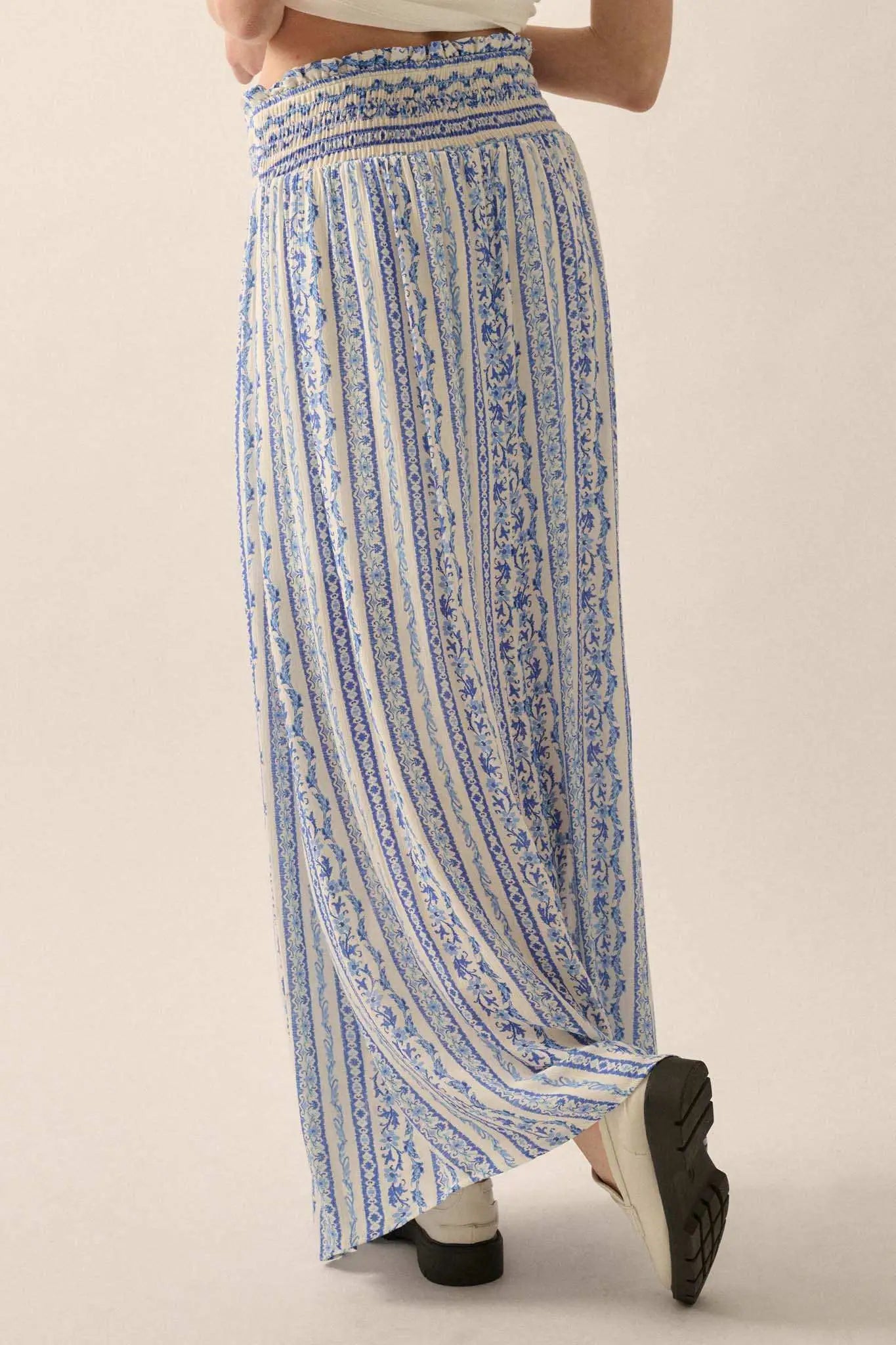 Wildflower Field Floral-Stripe Buttoned Maxi Skirt