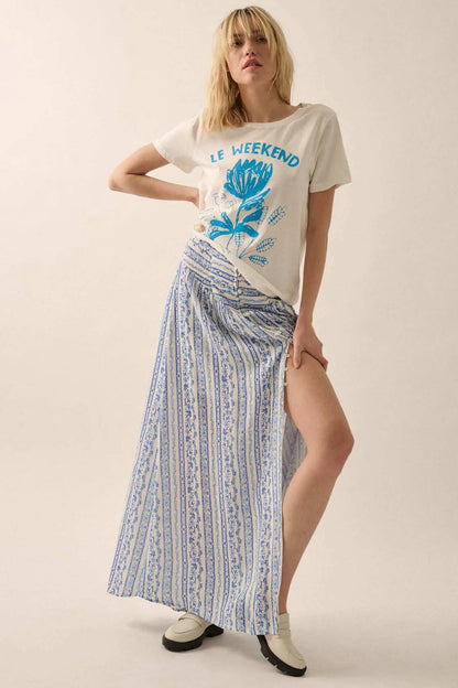 Wildflower Field Floral-Stripe Buttoned Maxi Skirt