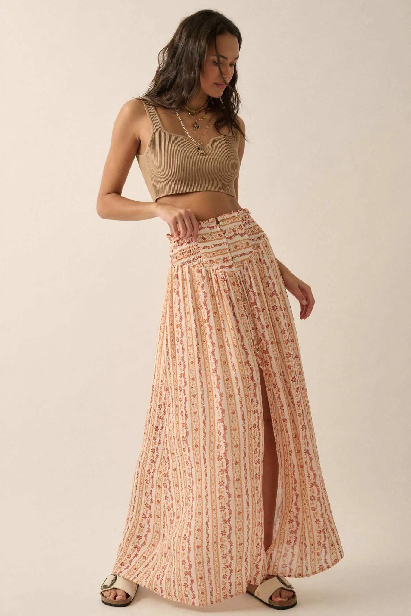 Wildflower Field Floral-Stripe Buttoned Maxi Skirt