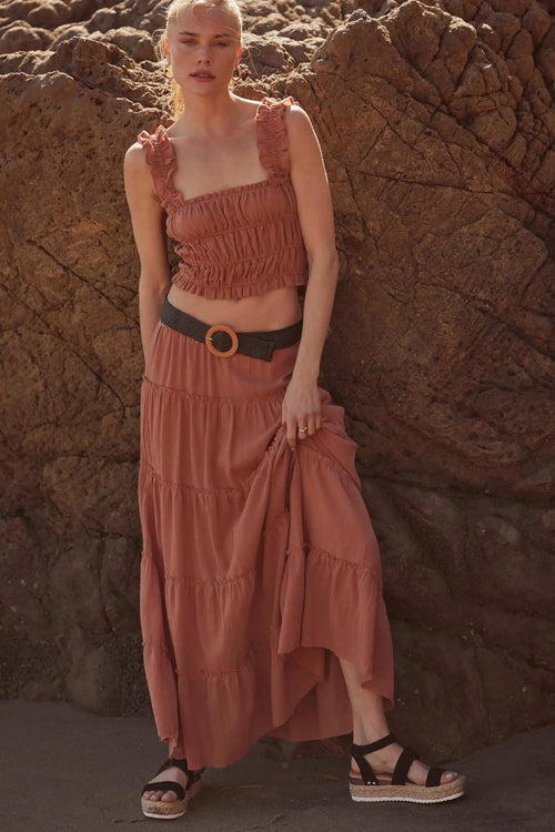 Washed Ashore Raw-Edge Tiered Ruffle Maxi Skirt